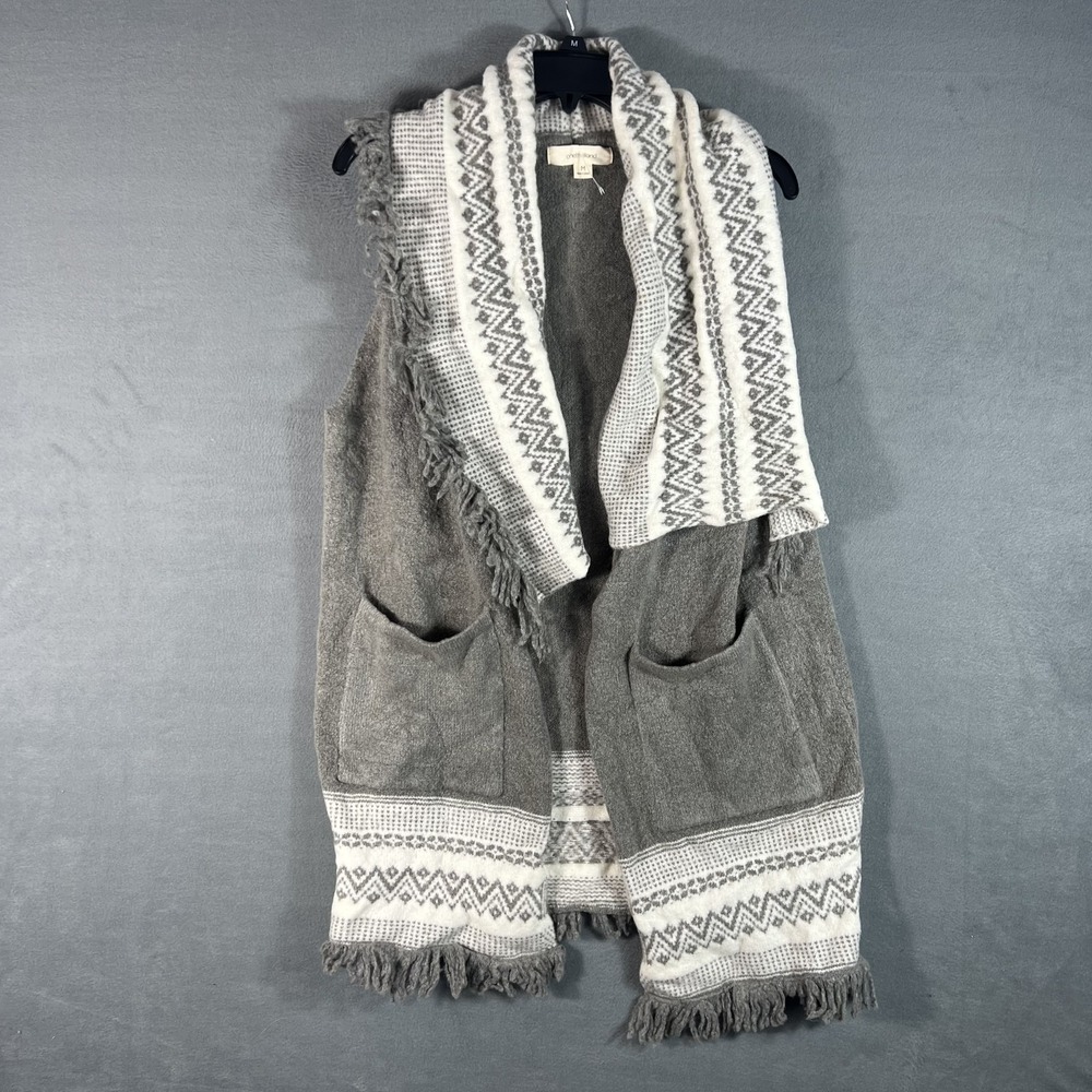 Onetheland Women's M Gray White Fair Isle Knit Open Fringe Sweater Vest Cardigan